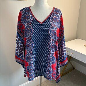Belle by Kim Gravel Size XL Bandana Print V-Neck Poncho Blue/Red